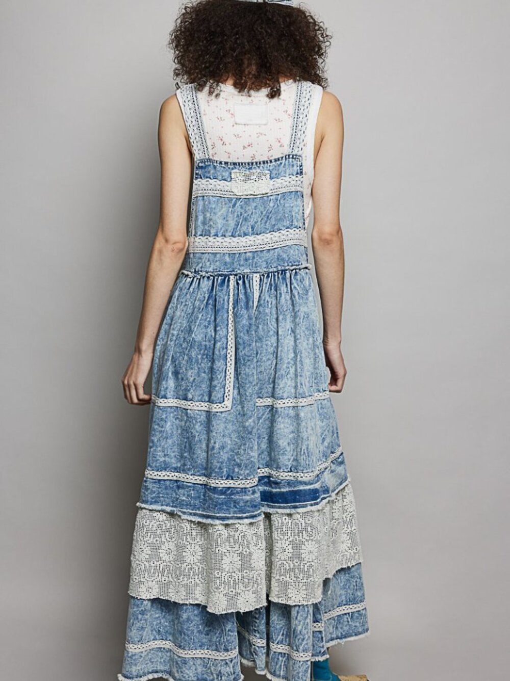 POL LONG OVERALL DRESS-DENIM, CROCHET POCKET, RUFFLES*New Collection For Summer - Picture 3 of 7